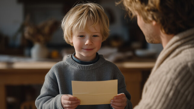 Stepchild handing a handmade card to a stepparent at a kitchen table while biological parent watches from nearby with quiet emotion, blended family tenderness caught in an authentic spontaneous gest