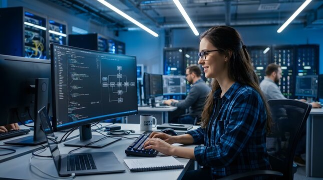 Female Software Developer Working in Modern High Tech Data Center.