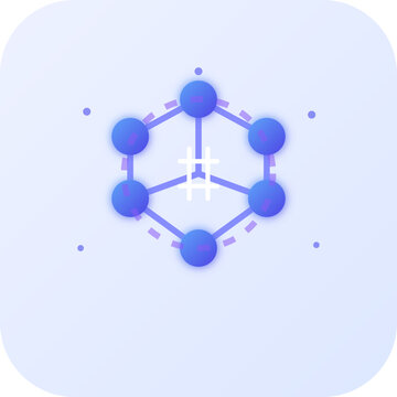 Neural network nodes with a central hashtag symbol blue and purple gradient connections on a light background representing technology and communication