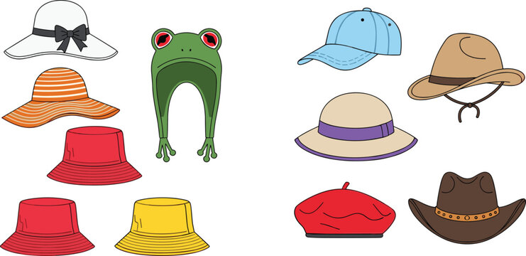 Hat Collection Set with Various Styles Including Bucket Caps Cowboy and Sun Hats Isolated on White Background for Fashion Vector Illustration
