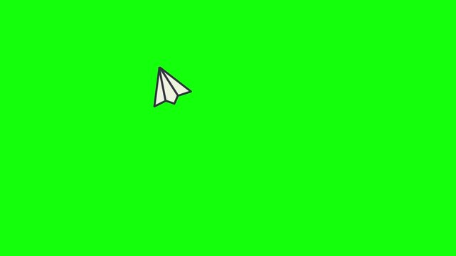 A simple motion graphics video of a white envelope icon on a bright green screen background. The envelope smoothly transforms into a white paper plane, then flies upward and to the right with a soft.