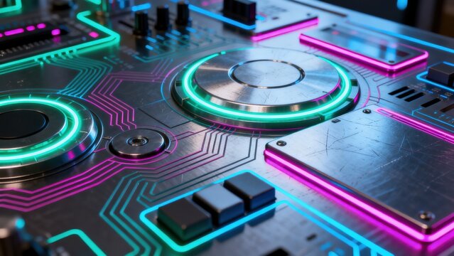 Closeup of a neonlit DJ controller