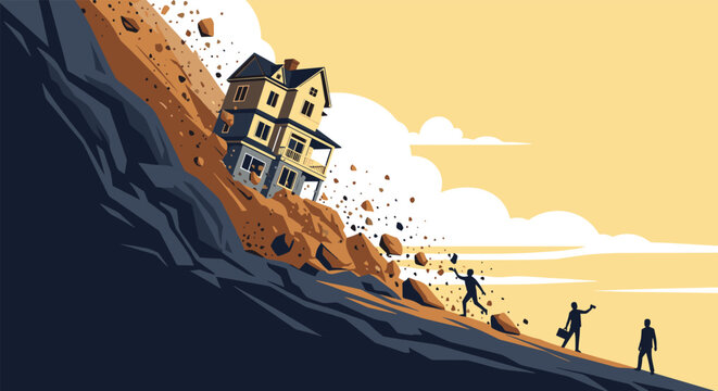 Intense scene shows a large house sliding down a steep mountainside during a dangerous landslide while people run for their lives below.