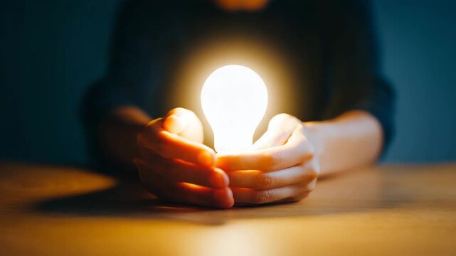 Hands protecting glowing light bulb on table, creative idea and innovation concept, energy saving, inspiration, business solution, startup thinking and sustainable technology with