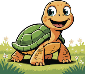 Obraz premium Cheerful cartoon turtle happily walking through green grass with small white flowers