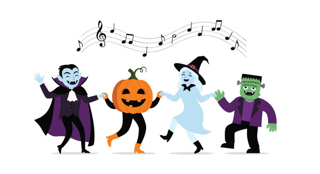 Fun Halloween characters like a ghost and a vampire dance together in a line under a flowing wave of musical notes and symbols.
