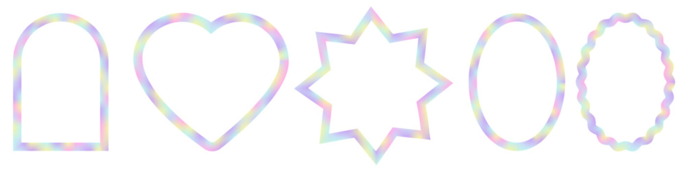 Set of holographic gradient coquette frames. Scallop borders wavy line in various shape. Curvy pastel colored vintage whimsical borders. Great for wedding invitations, birthday card, prints