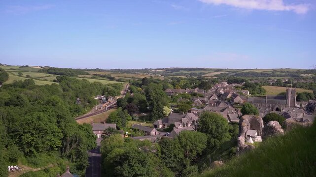 Panoramic View of Historic Corfe Castle Village and Dorset Countryside