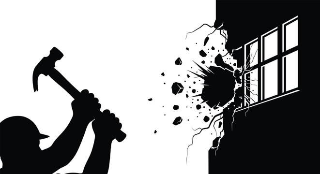 Black silhouette of a construction worker using a heavy hammer to break down a brick wall near a window during a renovation project.