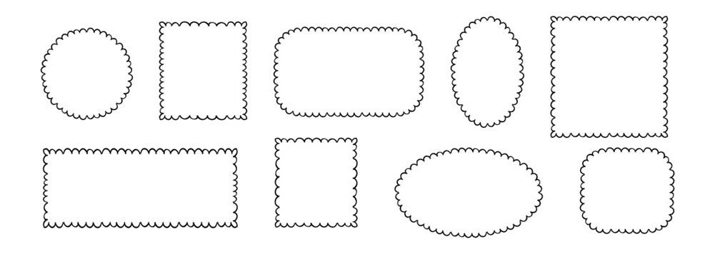 Scribble crayon doodle scalloped frames. Chalk grunge girly blobs for text. Fluffy, wiggle label, stamp set. Wavy whimsical edges curly doodle border.
