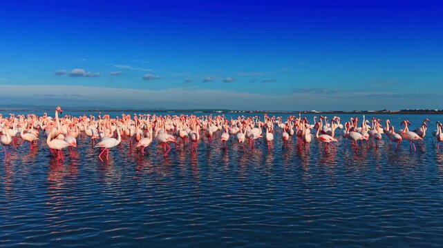 Flamingos at sunset in water. Many flamingos stand together in shallow water as the sun sets in the background, creating a lively scene.
