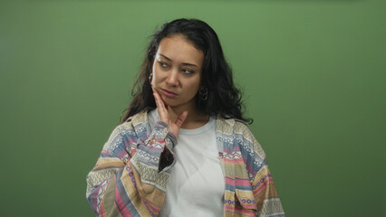 Woman with hand on cheek showing toothache in green studio wearing patterned cardigan and hoop earring  discomfort. © Krakenimages.com