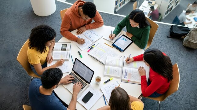 Group of diverse university students studying together at a library table.