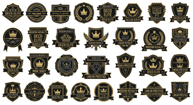 Vintage Art Deco badges and luxury gold labels, set of 32 elegant heraldic crests with crowns, premium black and gold vector emblems for branding