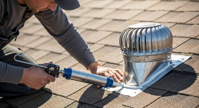 Man performs detailed caulking roof vent work on asphalt shingle roof. Contractor applies sealant to metal turbine vent flashing, ensuring watertight seal for roof vent system.