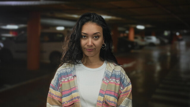 Woman rolls eyes next to a parked car amid concrete columns and suvs under fluorescent lights in a dim parking garage building; mild annoyance.