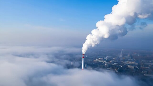 Industrial smokestack releasing white smoke above factory, aerial view of air pollution, carbon emissions, energy production, environmental impact, climate change and industry conc