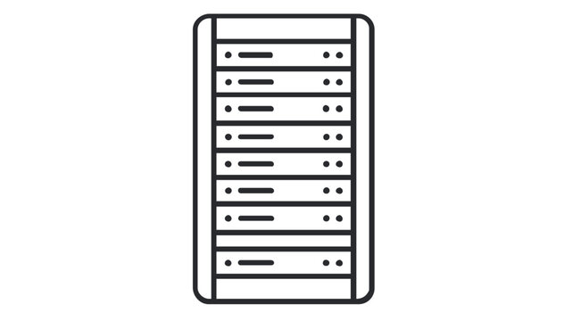 Minimalist data server rack vector icon illustration featuring a sleek line art design for cloud computing, web hosting, database storage, and modern technology network infrastructure.