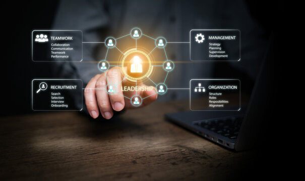 Business hand touching glowing leadership icon on virtual HR dashboard with laptop. Teamwork, recruitment, management, organization, talent development, and corporate leadership strategy concept.