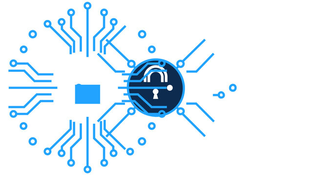 vector icon illustration of a central processing unit microchip with blue digital circuit lines radiating outward, representing technology,, and network links.