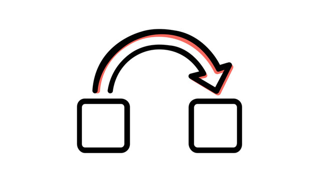 Minimalist flat vector illustration of an API webhook link icon, showing a data transfer process with a curved arrow connecting two nodes, ideal for technology, software, and AI integration.
