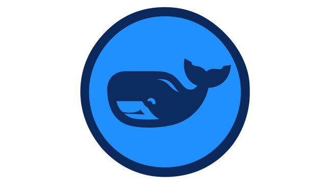 Minimalist blue whale vector icon illustration in a circular frame, representing Docker containerization, cloud computing, software development, and modern DevOps technology infrastructure.