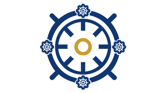 Kubernetes Helm wheel vector icon illustration. Blue and gold nautical steering wheel symbol for cloud computing, container orchestration, DevOps, and software development. Flat minimalist design.