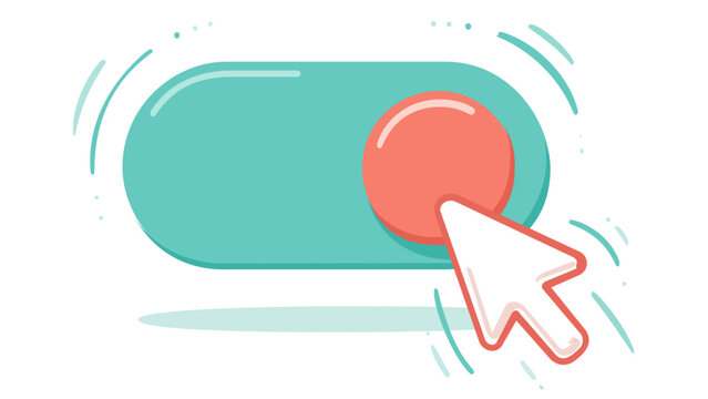 Flat minimalist vector illustration of a teal toggle switch with a red circular button being clicked by a white cursor arrow. Scalable design for interactive prototype, UI/UX, and AI technology.