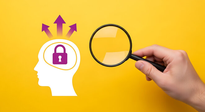 Hand holding magnifying glass examining lock on digital brain illustration