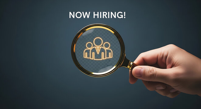 Hand holding magnifying glass over now hiring icon on dark background