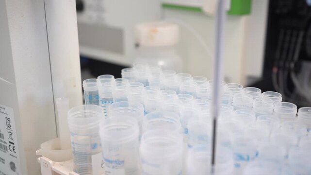 Close-up of a scientist in purple gloves placing a plastic sample tube into a large rack. Excellent B-roll for high-throughput laboratory testing, clinical trials, and medical research workflows.