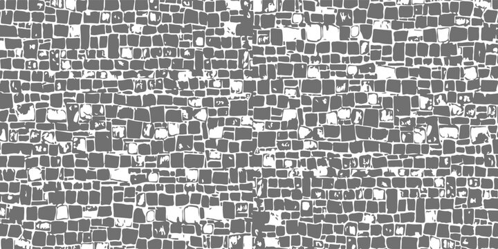 Abstract black and white stone wall texture vector. Hand-drawn cobblestone or brick pattern for rustic architectural backgrounds and vintage designs