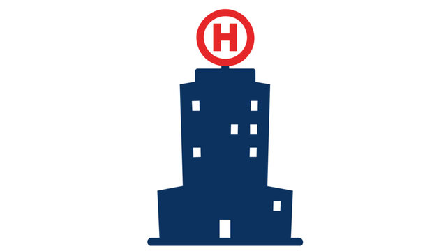 Modern medical hospital building vector icon with a red circular H sign on top, minimalist flat illustration for healthcare, clinic, emergency services, and medical facility concepts.