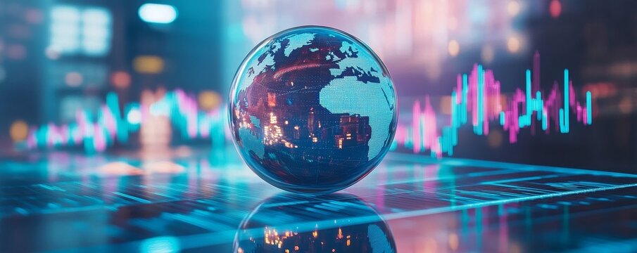 A glass globe with the world inside, placed on top of an abstract stock market graph in blue tones The background is white and features a line chart going up, Generative AI