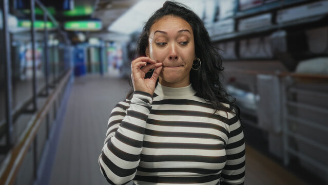 Woman finger to lips for silence in building corridor aboard cruise ship deck, striped top visible, touching lip with hand; playful curiosity.