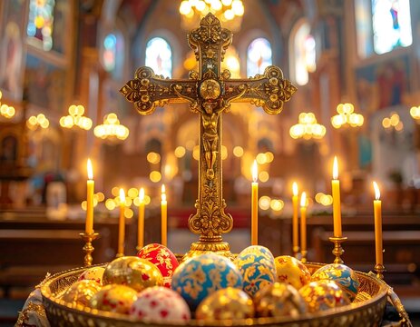 Ornate cross displayed in a church surrounded by easter eggs and lit candles, with religious iconography in background