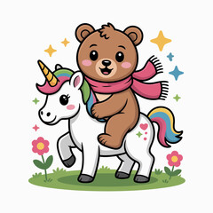 Fototapeta premium Brown bear riding unicorn with rainbow horn cartoon illustration white background