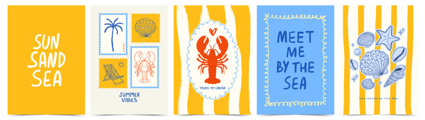 Summer poster set with hand drawn nautical illustrations. Mediterranean style cards with lobster, palm tree, seashells and postage stamps on striped backgrounds. Coastal wall art for home decor. © Svitla