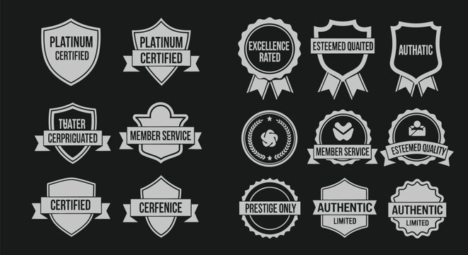 Silver metallic badge collection, premium platinum certified shield icons, luxury quality seal vector set for branding and product authentication