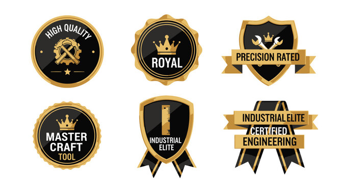Luxury gold industrial badges set, premium black and gold quality labels, 6 metallic engineering seals with crown and tool icons for branding