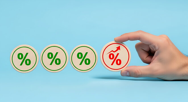 Hand selecting percentage symbol from stacked gold coins with green percent signs