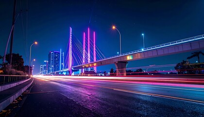 Fototapeta premium Vibrant city bridge illuminated with neon lights at night, showing light trails from moving vehicles on wet asphalt, urban landscape, modern infrastructure
