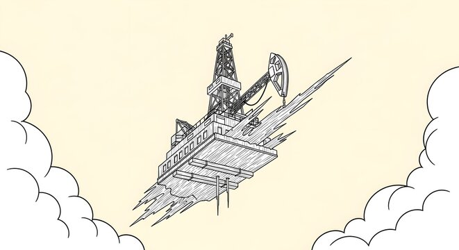 Conceptual Illustration of a Flying Oil Rig Platform Soaring through the Clouds, Representing Rising Energy Costs and Industrial Innovation