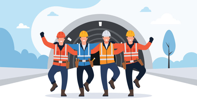 Happy construction workers in safety uniforms and hard hats dancing in celebration in front of a large tunnel site.
