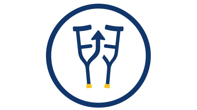 Professional medical walking crutches vector icon illustration. Flat minimalist design featuring blue crutches with yellow tips and an upward arrow in a circle for healthcare and rehabilitation.