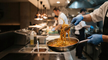 Obraz premium Hands tossing pasta in a pan in a restaurant kitchen with copy space, ideal for Italian cuisine, cooking action, and food marketing