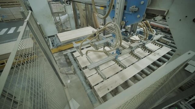 A woodworking machine applying a finish or coating layer to wooden panels on an automated production line