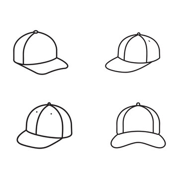 Four different line drawing baseball cap designs in various angles and positions  simple black and white outline illustrations of a baseball cap