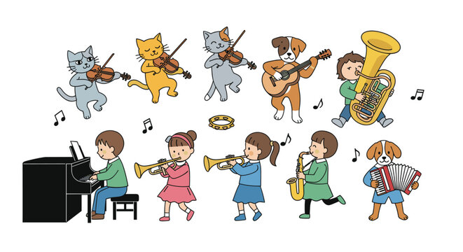 Large collection of diverse children and cute pets play various musical instruments together in a fun and harmonious orchestral ensemble.