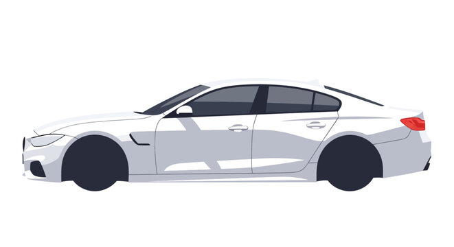 Sleek white modern sedan car parked on a plain white background, side view
